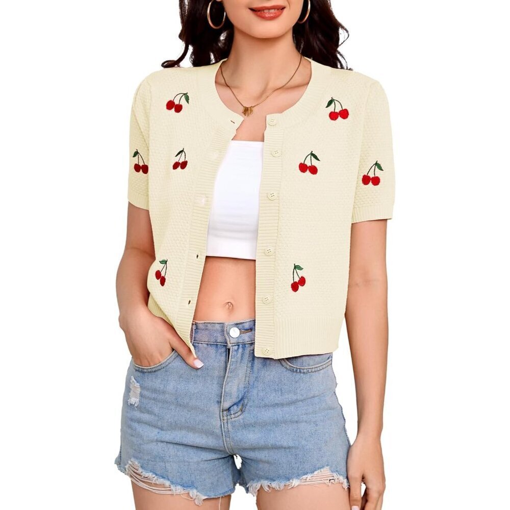 Women's Cropped Knit Cardigan Short Sleeve Button Embroidered Apricot Large